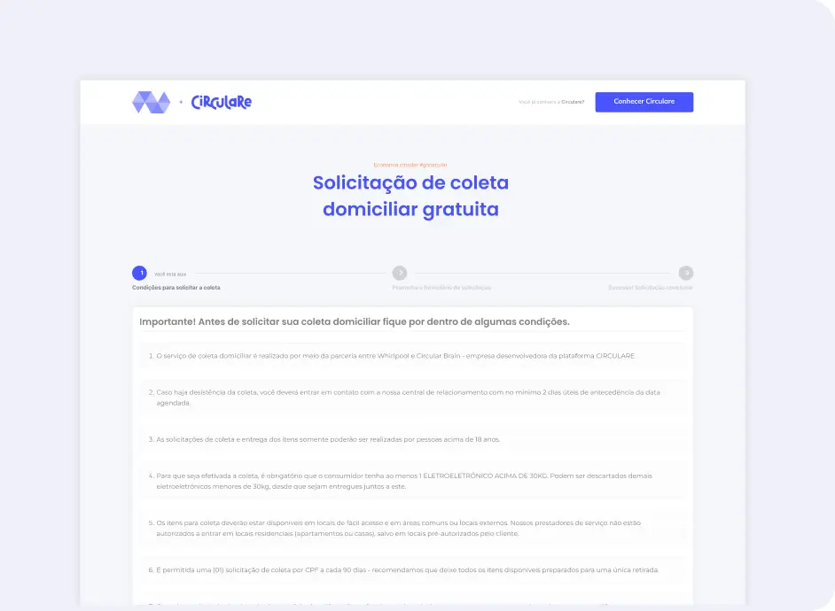 Página de solicitação de coleta domiciliar na plataforma Circulare