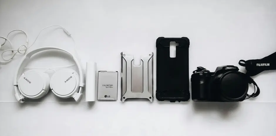 Fone de ouvido, bateria, capa de celular, celular e câmera enfileirados sobre fundo branco