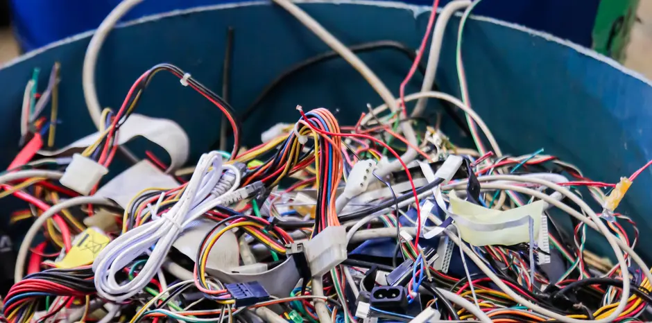 Cabos e fios eletrônicos coloridos descartados em um recipiente
